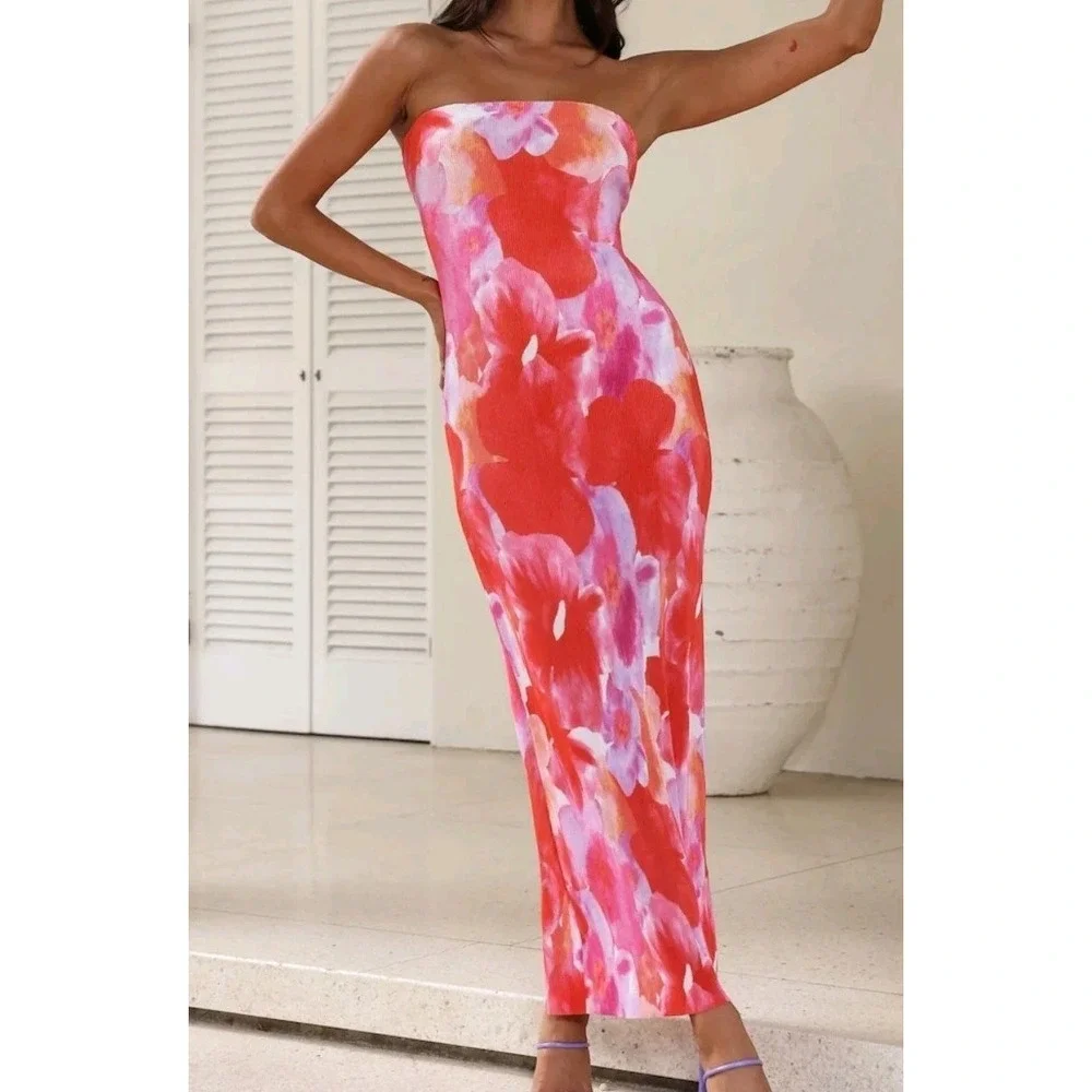 Hello Molly Keep Moving Forward Maxi Dress Size XL/ 10 Pink Floral‎ Ribbed